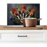 KitchenYeah Spatscherm keuken 70x50 cm - Kookplaat achterwand Lepels - Wit - Poeder - Kruiden - Muurbeschermer - Spatwand fornuis - Hoogwaardig aluminium