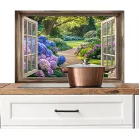 KitchenYeah Spatscherm keuken 80x55 cm - Kookplaat achterwand Doorkijk - Tuin - Raam - Hortensia - Bloemen - Muurbeschermer - Spatwand fornuis - Hoogwaardig aluminium