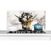 KitchenYeah Spatscherm keuken 100x50 cm - Kookplaat achterwand Schotse hooglander - Bloemen - Goud - Muurbeschermer - Spatwand fornuis - Hoogwaardig aluminium