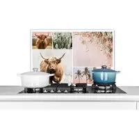KitchenYeah Spatscherm keuken 70x50 cm - Kookplaat achterwand Schotse hooglander - Collage - Vetplant - Muurbeschermer - Spatwand fornuis - Hoogwaardig aluminium