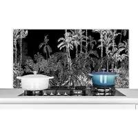 KitchenYeah Spatscherm - Jungle - Palmboom - Tropical - Zwart - Wit - Muurbeschermer - 120x60 cm - Spatwand keuken