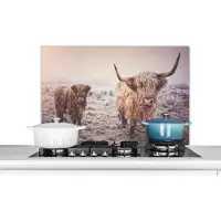 KitchenYeah Spatscherm keuken 80x55 cm - Kookplaat achterwand Schotse Hooglander - Winter - Sneeuw - Koe - Weiland - Bruin - Muurbeschermer - Spatwand fornuis - Hoogwaardig aluminium