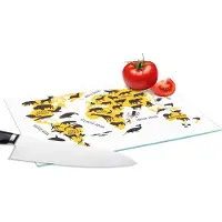 KitchenYeah Glazen Snijplank - 28x20 - Wereldkaart - Dieren - Geel - Snijplanken Glas