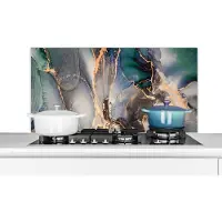 KitchenYeah Spatscherm - Spatwand - Luxe - Blauw - Goud - Marmer print - Achterwand keuken - Keuken - 100x50 cm