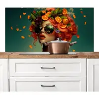 KitchenYeah Spatscherm keuken 120x60 cm - Kookplaat achterwand Vrouw - Sinaasappel - Bessen - Oranje - Muurbeschermer - Spatwand fornuis - Hoogwaardig aluminium