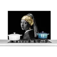 KitchenYeah Spatscherm keuken 100x65 cm - Kookplaat achterwand Meisje met de parel - Vermeer - Goud - Muurbeschermer - Spatwand fornuis - Hoogwaardig aluminium