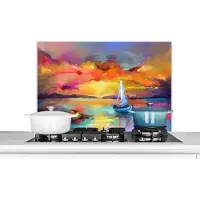 KitchenYeah Spatscherm keuken 80x55 cm - Kookplaat achterwand Schilderij - Olieverf - Boot - Kleuren - Muurbeschermer - Spatwand fornuis - Hoogwaardig aluminium