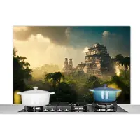 KitchenYeah Spatscherm keuken - Tempel - Jungle - Groen - Bomen - Spatwand keuken - Keuken achterwand - 120x80 cm - Muurbeschermer - Keuken decoratie