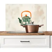 KitchenYeah Spatscherm keuken 80x55 cm - Kookplaat achterwand Theepot - Groen - Bloemen - Oranje - Muurbeschermer - Spatwand fornuis - Hoogwaardig aluminium