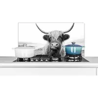 KitchenYeah Spatscherm keuken 90x45 cm - Kookplaat achterwand Dieren - Schotse hooglander - Koe - Zwart - Wit - Muurbeschermer - Spatwand fornuis - Hoogwaardig aluminium
