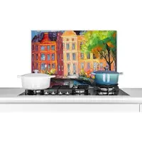 KitchenYeah Spatscherm keuken 60x40 cm - Kookplaat achterwand Olieverf - Amsterdam - Kunst - Kleurrijk - Muurbeschermer - Spatwand fornuis - Hoogwaardig aluminium