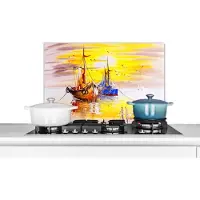 KitchenYeah Spatscherm keuken 60x40 cm - Kookplaat achterwand Schilderij - Boot - Water - Olieverf - Muurbeschermer - Spatwand fornuis - Hoogwaardig aluminium