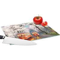 KitchenYeah Glazen Snijplank - 28x20 - Schilderij - Olieverf - Tram - Bloesemboom - Snijplanken Glas