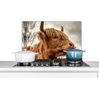 KitchenYeah Spatscherm keuken 70x50 cm - Kookplaat achterwand Schotse Hooglander - Struik - Heide - Muurbeschermer - Spatwand fornuis - Hoogwaardig aluminium