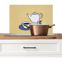 KitchenYeah Spatscherm keuken 60x40 cm - Kookplaat achterwand Theepot - Kopje - Beige - Illustratie - Muurbeschermer - Spatwand fornuis - Hoogwaardig aluminium
