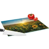 KitchenYeah Glazen Snijplank - 39x28 - Zonsondergang - Bloemen - Zonnebloem - Horizon - Landschap - Snijplanken Glas