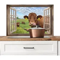 KitchenYeah Spatscherm keuken 80x55 cm - Kookplaat achterwand Doorkijk - Koe - Weiland - Landschap - Dieren - Muurbeschermer - Spatwand fornuis - Hoogwaardig aluminium
