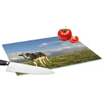 KitchenYeah Glazen Snijplank - 39x28 - Koe - Zwart - Wit - Gras - Snijplanken Glas
