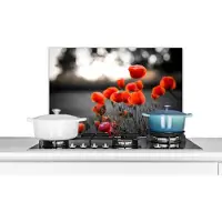 KitchenYeah Spatscherm keuken 60x40 cm - Kookplaat achterwand Rode Klaprozen tegen zwarte met witte achtergrond - Muurbeschermer - Spatwand fornuis - Hoogwaardig aluminium