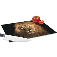 KitchenYeah Glazen Snijplank - 39x28 - Leeuw - Dieren - Zwart - Licht - Bruin - Portret - Snijplanken Glas
