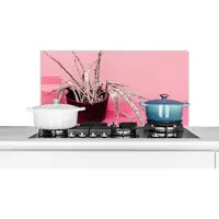 KitchenYeah Spatscherm keuken 80x40 cm - Kookplaat achterwand Zomer - Roze - Planten - Muurbeschermer - Spatwand fornuis - Hoogwaardig aluminium