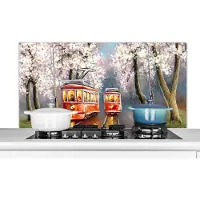 KitchenYeah Spatscherm keuken 120x60 cm - Kookplaat achterwand Schilderij - Olieverf - Tram - Bloesemboom - Muurbeschermer - Spatwand fornuis - Hoogwaardig aluminium