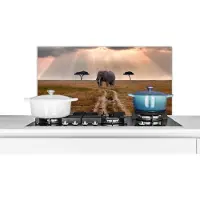KitchenYeah Spatscherm keuken 90x45 cm - Kookplaat achterwand Olifant - Dieren - Grasvlakte - Zon - Muurbeschermer - Spatwand fornuis - Hoogwaardig aluminium