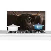 KitchenYeah Spatscherm keuken 100x50 cm - Kookplaat achterwand Schotse hooglander - Goud - Koebel - Hoorns - Dieren - Muurbeschermer - Spatwand fornuis - Hoogwaardig aluminium