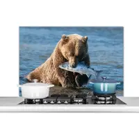KitchenYeah Spatscherm keuken 100x65 cm - Kookplaat achterwand Beer - Bruin - Vis - Muurbeschermer - Spatwand fornuis - Hoogwaardig aluminium