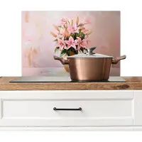 KitchenYeah Spatscherm keuken 70x50 cm - Kookplaat achterwand Vaas - Bloemen - Roze - Muurbeschermer - Spatwand fornuis - Hoogwaardig aluminium