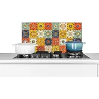 KitchenYeah Spatscherm keuken 70x30 cm - Kookplaat achterwand Vintage - Bloemen - Patroon - Wit - Oranje - Muurbeschermer - Spatwand fornuis - Hoogwaardig aluminium