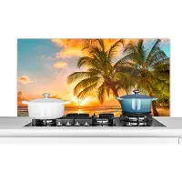KitchenYeah Spatscherm keuken 120x60 cm - Kookplaat achterwand Zonsondergang - Palmboom - Wolken - Zee - Strand - Muurbeschermer - Spatwand fornuis - Hoogwaardig aluminium