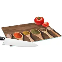KitchenYeah Glazen Snijplank - 28x20 - Gekleurde kruiden op lepels - Snijplanken Glas