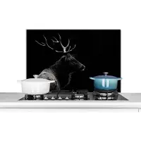 KitchenYeah Spatscherm keuken 90x60 cm - Kookplaat achterwand Hert - Zwart - Portret - Gewei - Dieren - Muurbeschermer - Spatwand fornuis - Hoogwaardig aluminium