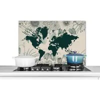 KitchenYeah Spatscherm keuken 80x55 cm - Kookplaat achterwand Wereldkaart - Bloemen - Planten - Muurbeschermer - Spatwand fornuis - Hoogwaardig aluminium