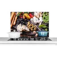 KitchenYeah Spatscherm keuken 90x60 cm - Kookplaat achterwand Eten - Kaas - Peper - Muurbeschermer - Spatwand fornuis - Hoogwaardig aluminium