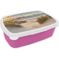 KitchenYeah Broodtrommel Roze - Lunchbox Strand - Duin - Gras - Zonsondergang - Zee - Brooddoos 18x12x6 cm - Brood lunch box - Broodtrommels voor kinderen en volwassenen