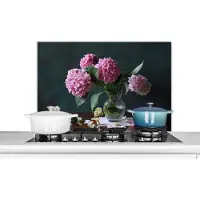 KitchenYeah Spatscherm keuken 90x60 cm - Kookplaat achterwand Vaas met Hortensia's - Muurbeschermer - Spatwand fornuis - Hoogwaardig aluminium