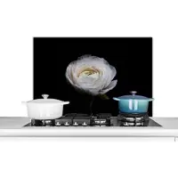 KitchenYeah Spatscherm keuken 80x55 cm - Kookplaat achterwand Bloem - Zwart - Wit - Muurbeschermer - Spatwand fornuis - Hoogwaardig aluminium