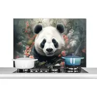 KitchenYeah Spatscherm keuken 100x65 cm - Kookplaat achterwand Panda - Wilde dieren - Bloemen - Natuur - Muurbeschermer - Spatwand fornuis - Hoogwaardig aluminium