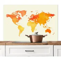 KitchenYeah Spatscherm keuken 120x80 cm - Kookplaat achterwand Wereldkaart - Oranje - Kleurrijk - Muurbeschermer - Spatwand fornuis - Hoogwaardig aluminium