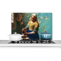 KitchenYeah Spatscherm keuken 90x60 cm - Kookplaat achterwand Melkmeisje - Amandelbloesem - Van Gogh - Vermeer - Schilderij - Oude meesters - Muurbeschermer - Spatwand fornuis - Hoogwaardig aluminium