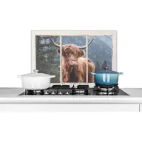 KitchenYeah Spatscherm keuken 70x50 cm - Kookplaat achterwand Schotse hooglander - Doorkijk - Uitzicht - Muurbeschermer - Spatwand fornuis - Hoogwaardig aluminium