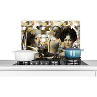 KitchenYeah Spatscherm keuken 70x50 cm - Kookplaat achterwand Collage - Mondriaan - Goud - Muurbeschermer - Spatwand fornuis - Hoogwaardig aluminium