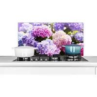KitchenYeah Spatscherm - Hortensia - Bloemen - Planten - Bladeren - Natuur - Spatwand - 90x45 cm - Spatscherm bloemen - Achterwand keuken - Spatscherm natuur - Keuken decoratie - Muurbeschermer