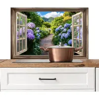 KitchenYeah Spatscherm keuken 90x60 cm - Kookplaat achterwand Doorkijk - Hortensia - Pad - Natuur - Muurbeschermer - Spatwand fornuis - Hoogwaardig aluminium