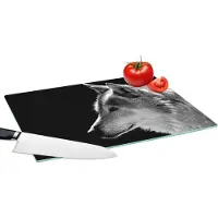 KitchenYeah Glazen Snijplank - 39x28 - Wilde dieren - Wolf - Zwart - Wit - Snijplanken Glas