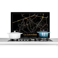 KitchenYeah Spatscherm keuken 90x60 cm - Kookplaat achterwand Kaart - La Louvière - Zwart - Goud - Muurbeschermer - Spatwand fornuis - Hoogwaardig aluminium