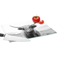 KitchenYeah Glazen Snijplank - 39x28 - Dieren - Schotse hooglander - Koe - Zwart - Wit - Snijplanken Glas