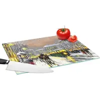 KitchenYeah Glazen Snijplank - 39x28 - Schilderij - Olieverf - Winter - Tram - Paard - Snijplanken Glas